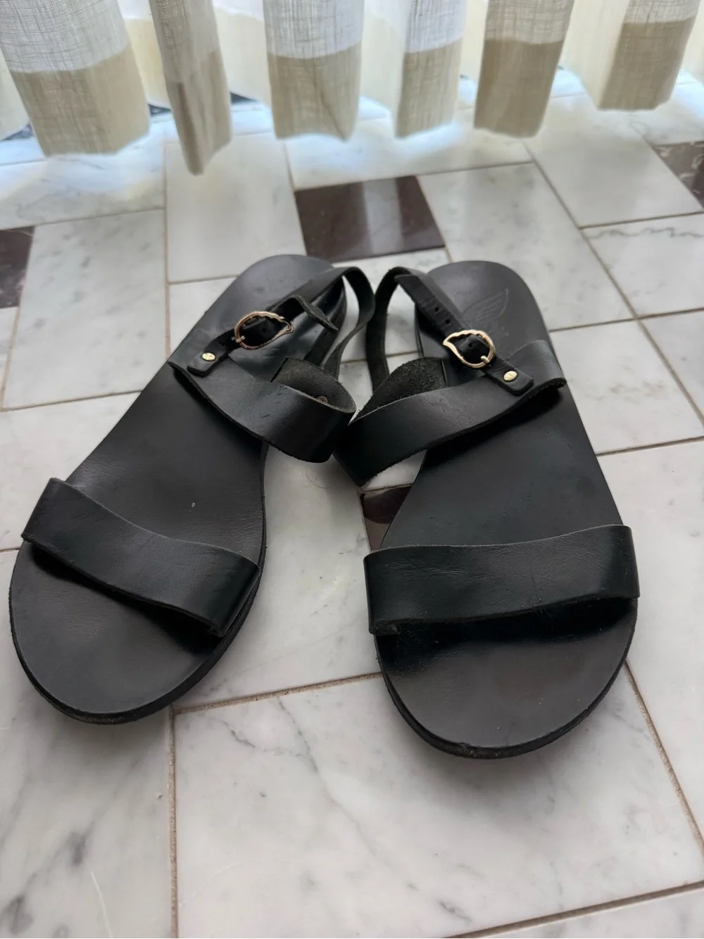 Ancient Greek Black Strappy Leather Sandals, 37